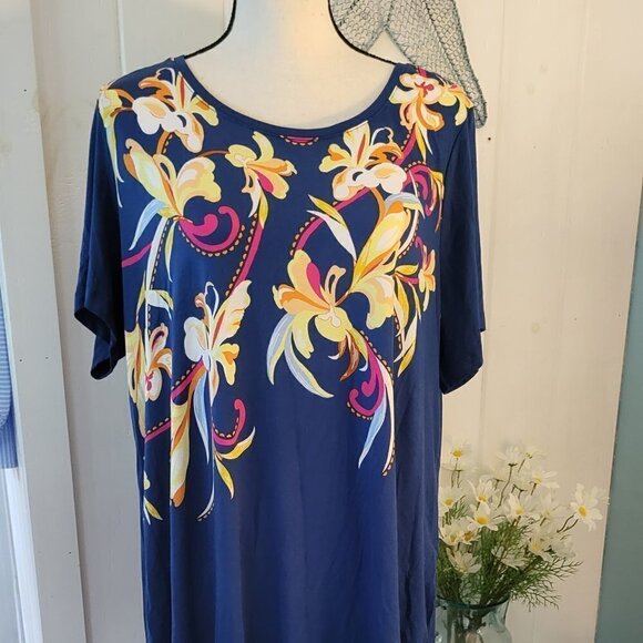 Jm Collection Navy Peon Combo Short Sleeve Tunic - Picture 1 of 9